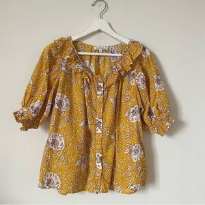 Du Paradis Smocked Sleeve Floral Mustard Yellow Cotton Top Size M